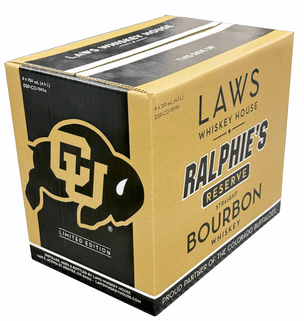 High graphic corrugated shipper box for Laws Whiskey House Ralphie’s Reserve bourbon.